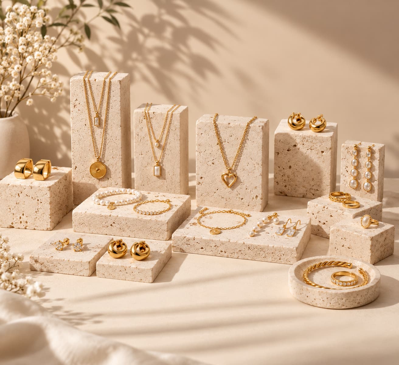 Sunlit gold jewelry displayed on travertine